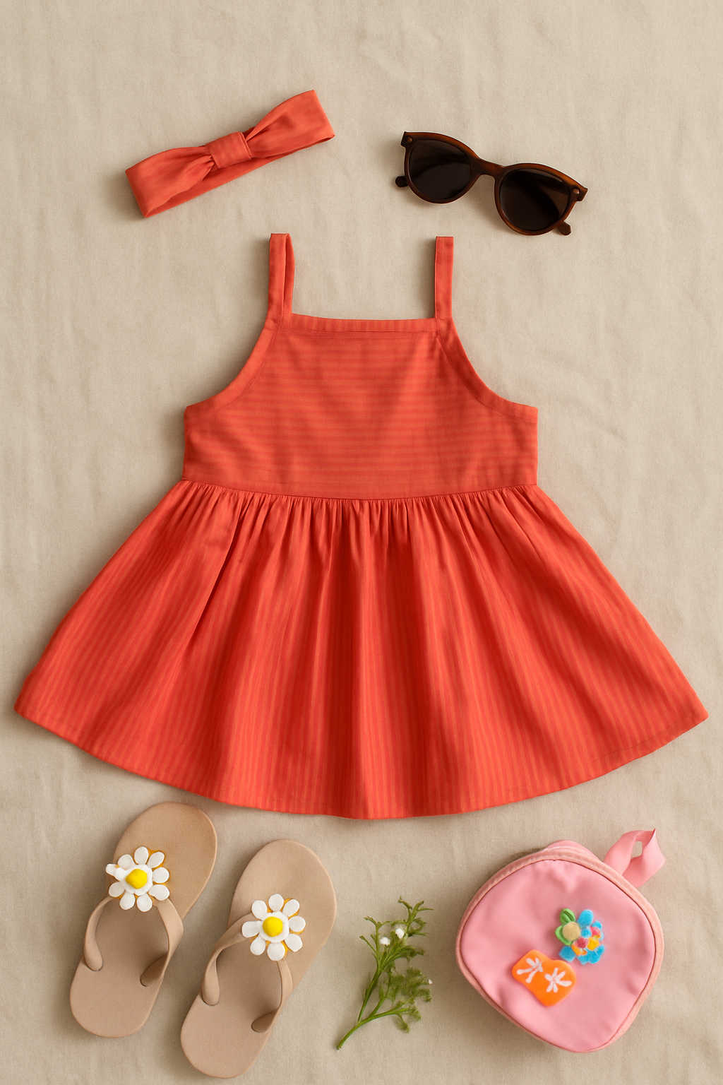 Girls Pure Cotton Seersucker Summer Dress - Solid Rust