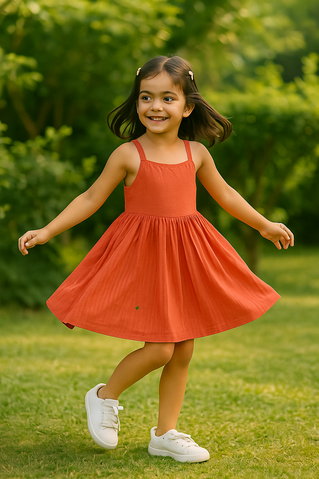 Girls Pure Cotton Seersucker Summer Dress - Solid Rust