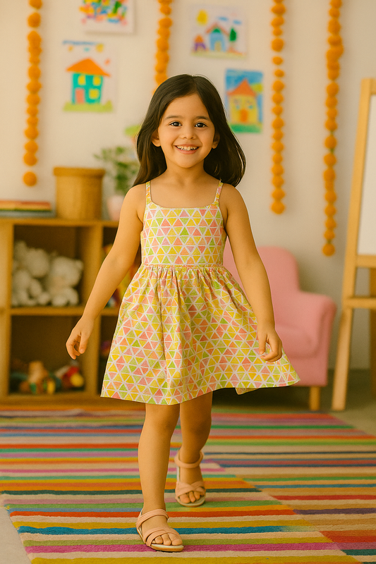 Girls Pure Cotton White Summer Dress - Abstract print