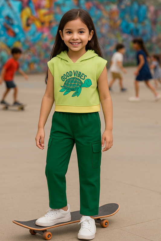Girls 100% Cotton Knit hoodie with cargo pants set - Green