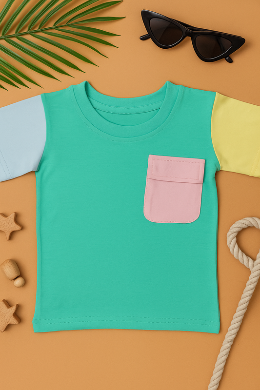 Boys 100% Cotton Knit solid color block T-shirt with 3D pocket - Green