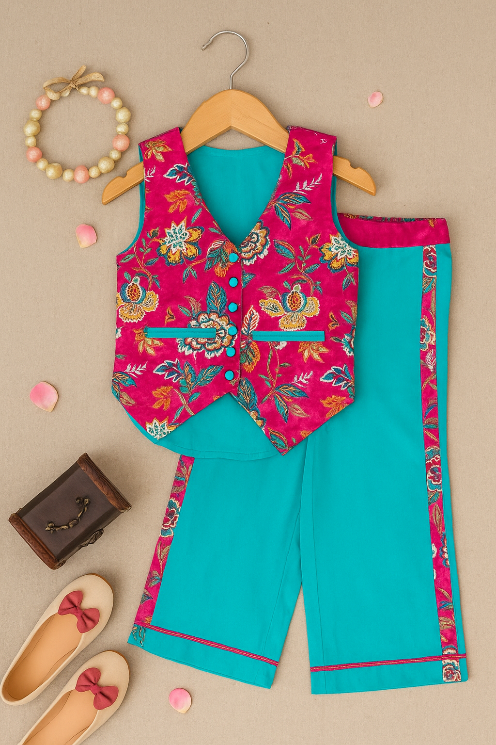 Girls Adele Printed Waist Coat and Solid Pants set - Pink & Turquoise