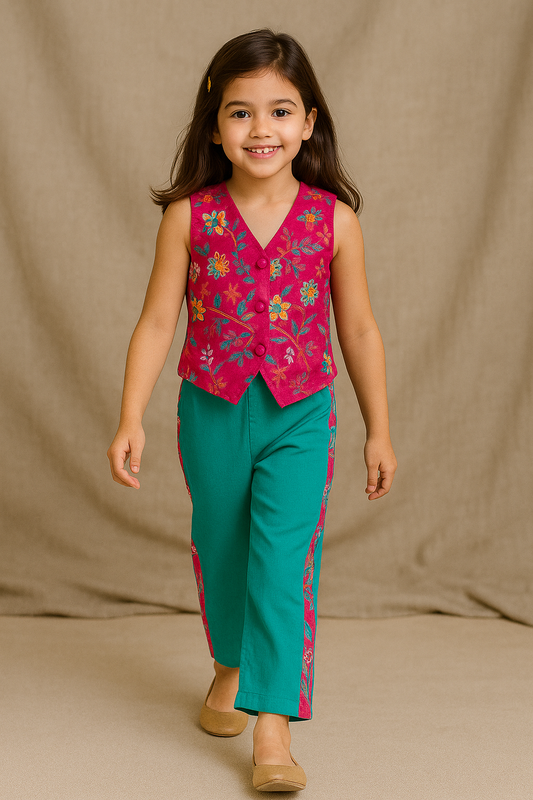 Girls Adele Printed Waist Coat and Solid Pants set - Pink & Turquoise