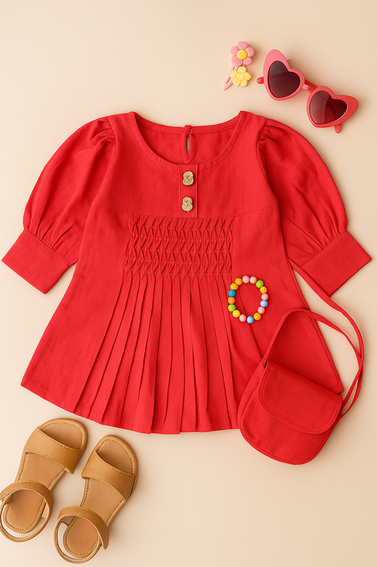 Girls Summer Cotton Dress with Pintuck Detailing - Red