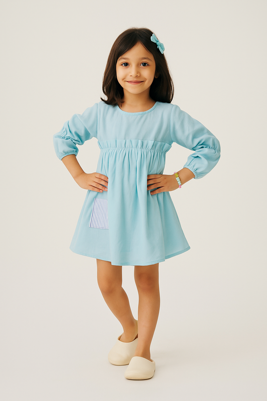 Girls Mulmul Asymmetrical Solid Sky Blue Dress