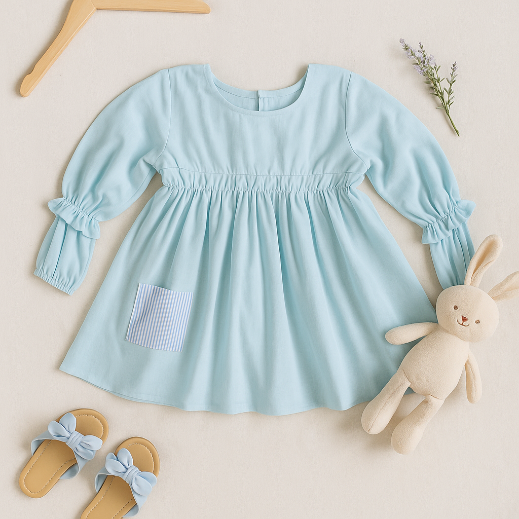 Girls Mulmul Asymmetrical Solid Sky Blue Dress