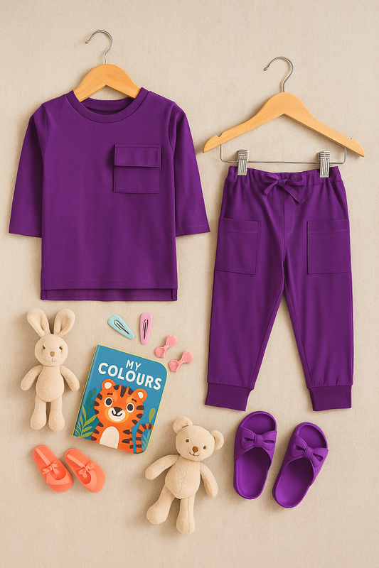 Girls 100% Cotton Knit Purple Loungewear with pockets