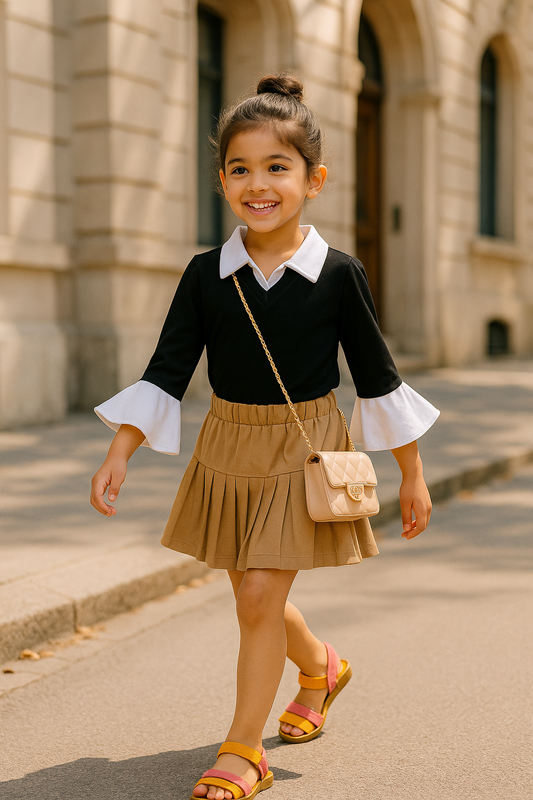 Girls 100% Cotton Knit collared black top with pleated brown skorts set
