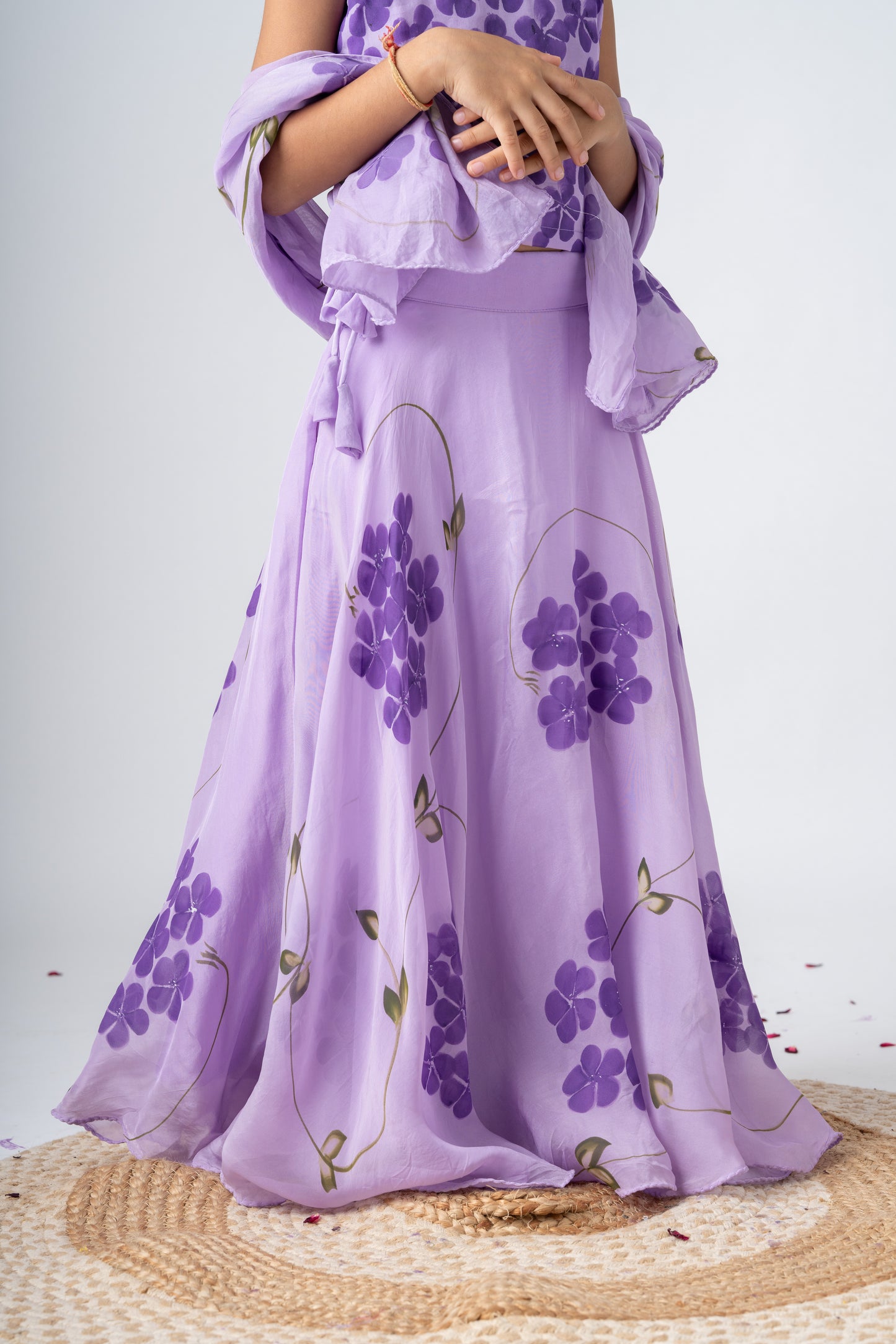 Girls Pure Organza Handpainted Lehenga Choli Set with Dupatta - Lilac Dreams