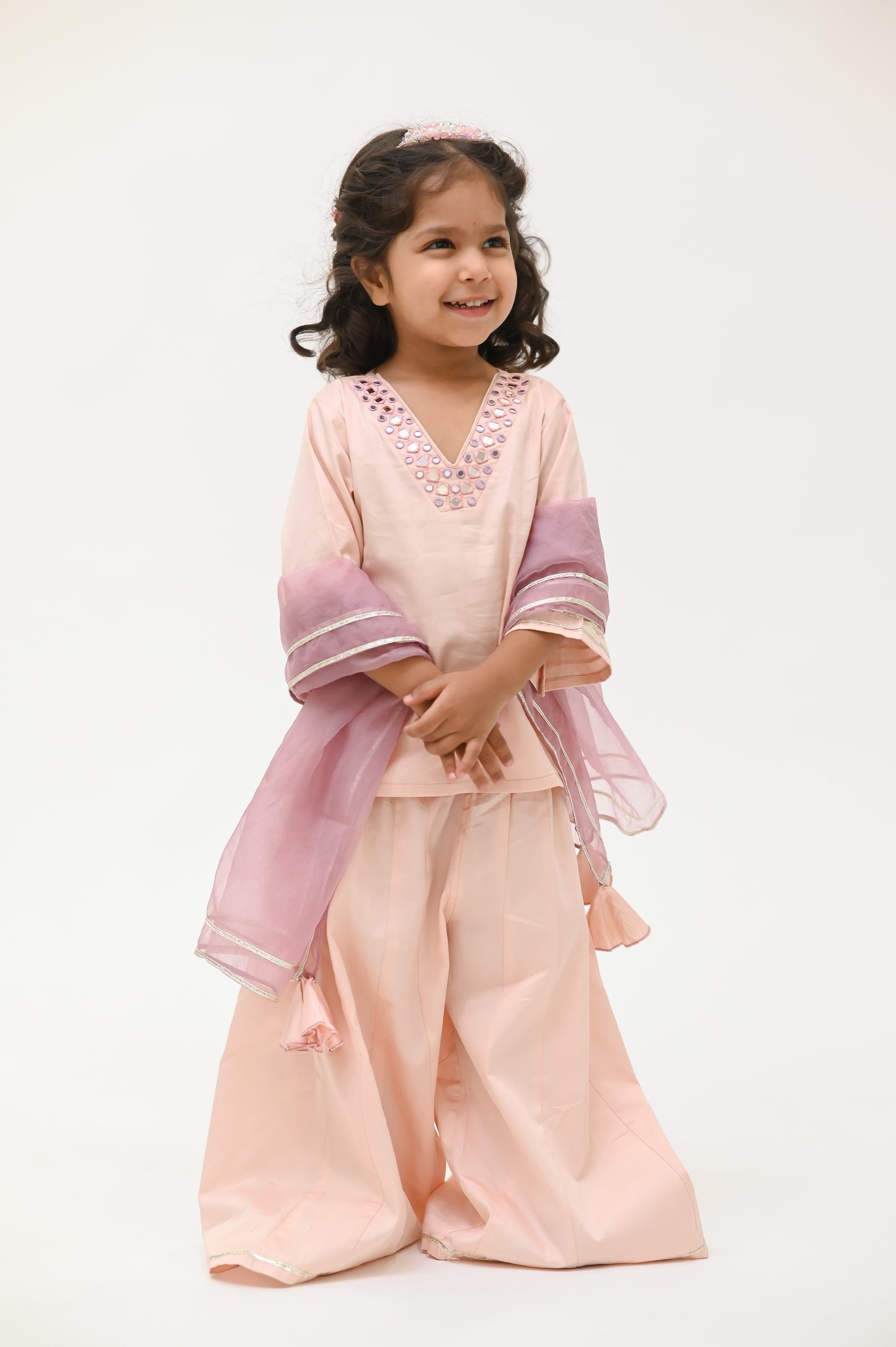 Girls Sitara Kurti and Kalidar Sharara set with Dupatta - Dust Pink