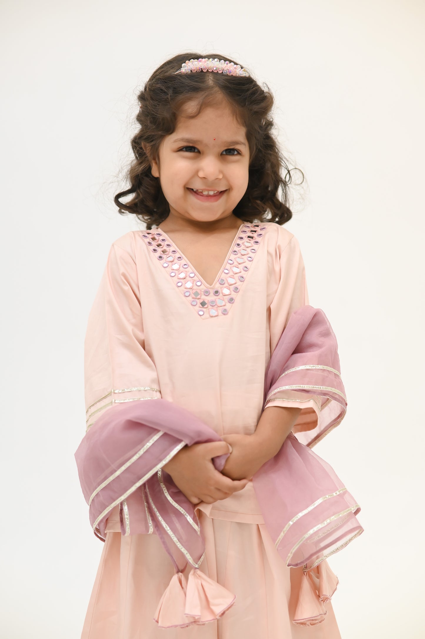 Girls Sitara Kurti and Kalidar Sharara set with Dupatta - Dust Pink