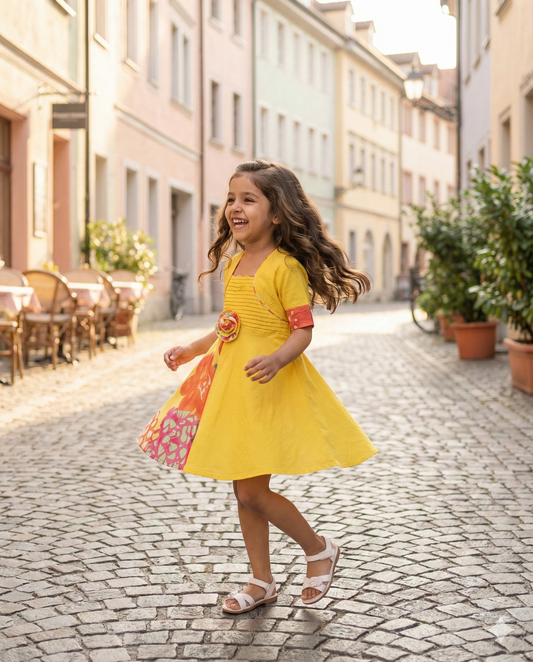 Girls Carnival Pure Cotton asymmetrical dress - Yellow