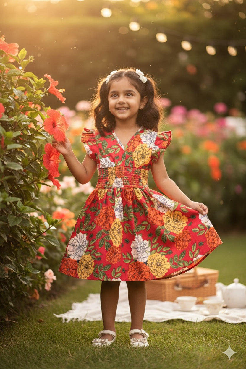 Girls Hourglass Cotton Smocked Waistline Dress - Red