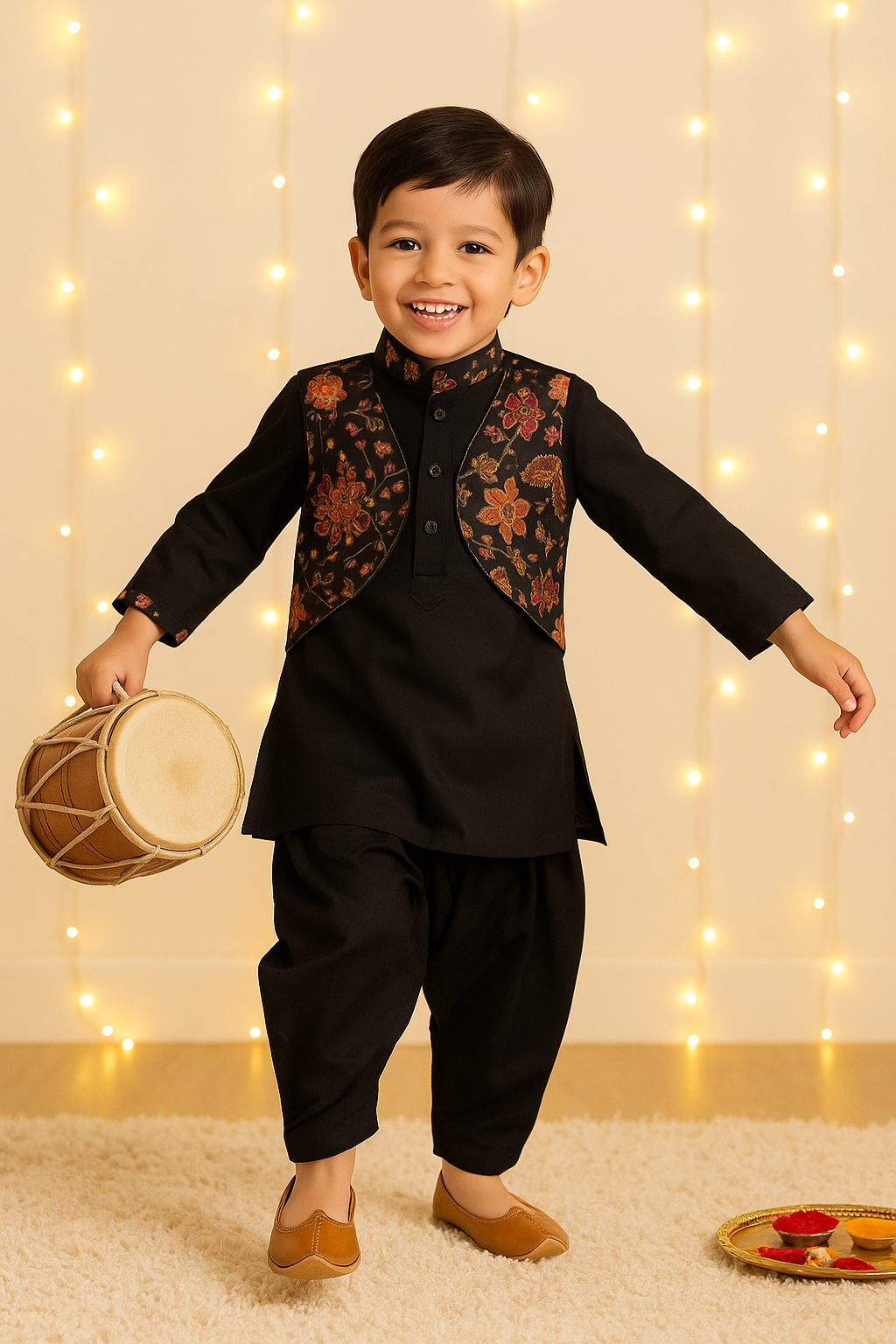 Boys Dholna Kurta Pant & Jacket 3 piece ethnic clothing set - Black