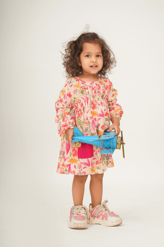Girls Mulmul asymmetrical Printed Dress - Cream & Pink - Peekaaboo Kids - Below 1000, Dress, Featured, Girls