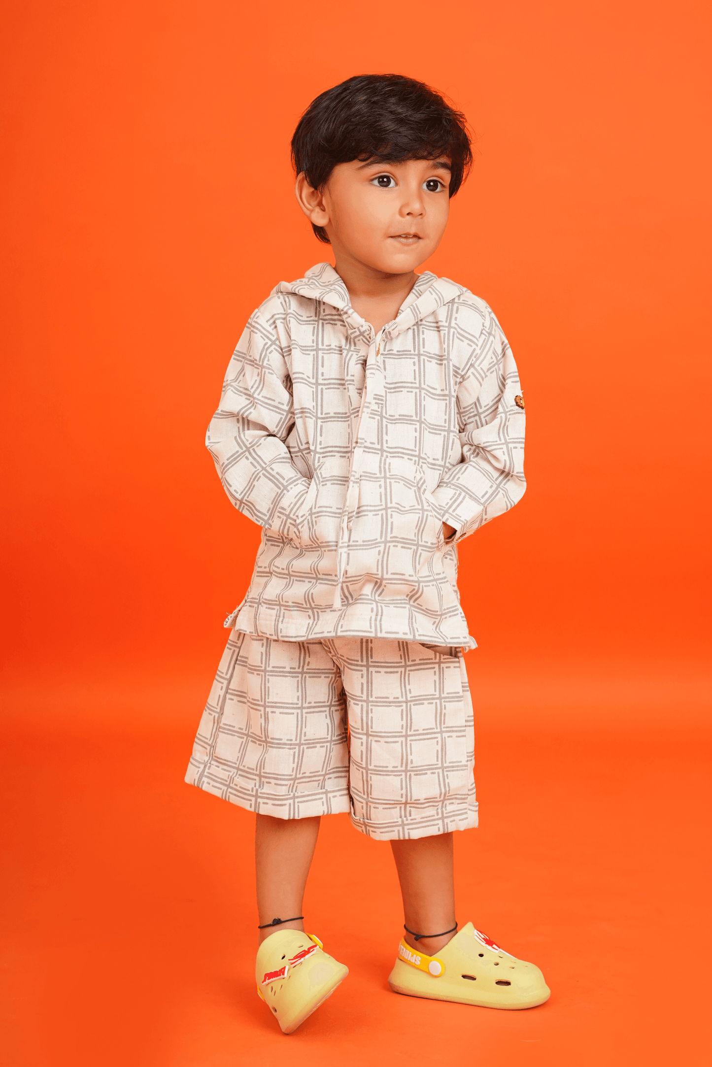 Boys Pure Cotton hoodie with shorts set - Off-white checks - Peekaaboo Kids - Above 1000, Boys, Coord Set
