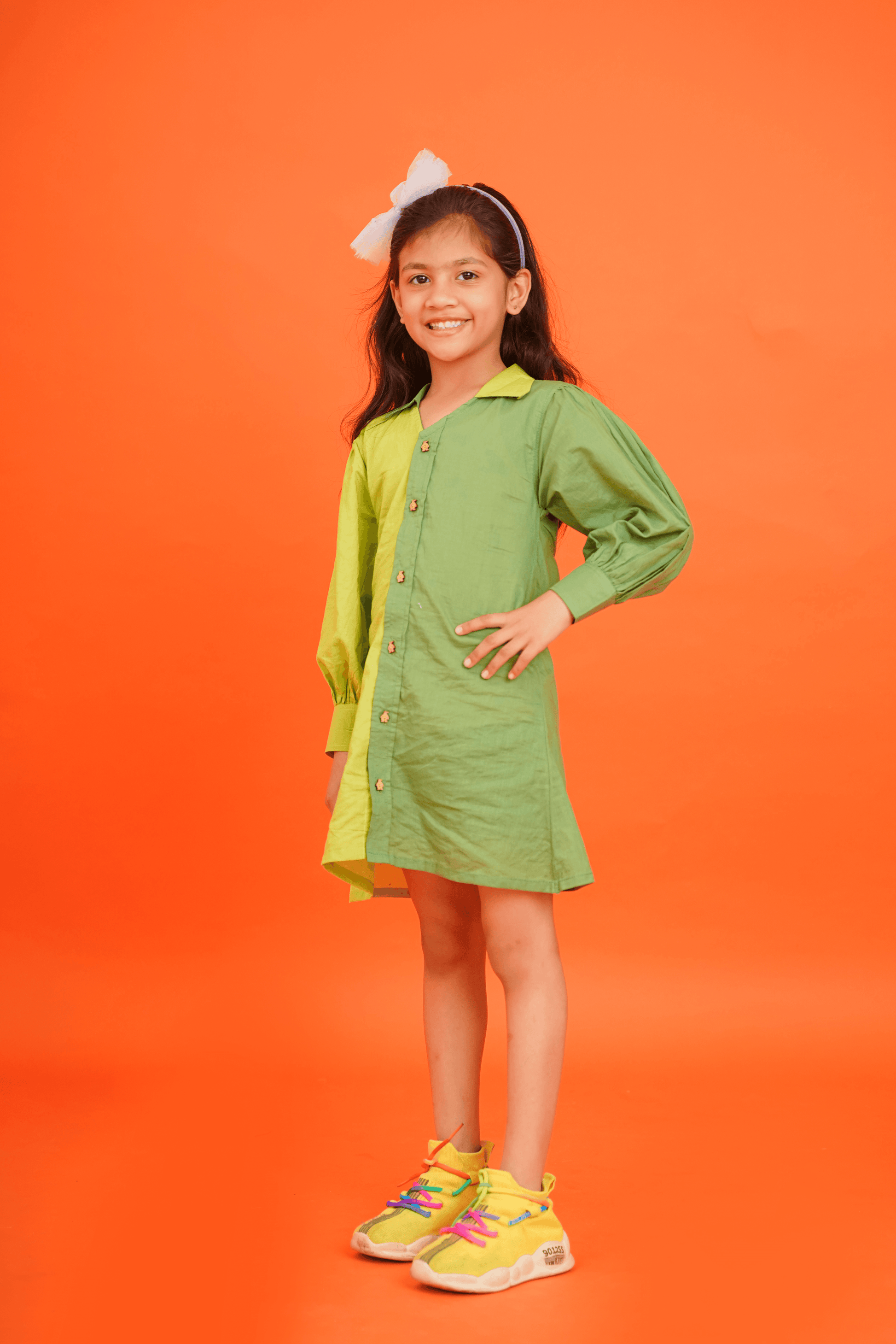 Girls Pure Cotton Green color block Dress with collar - Peekaaboo Kids - Below 1000, Dress, Girls