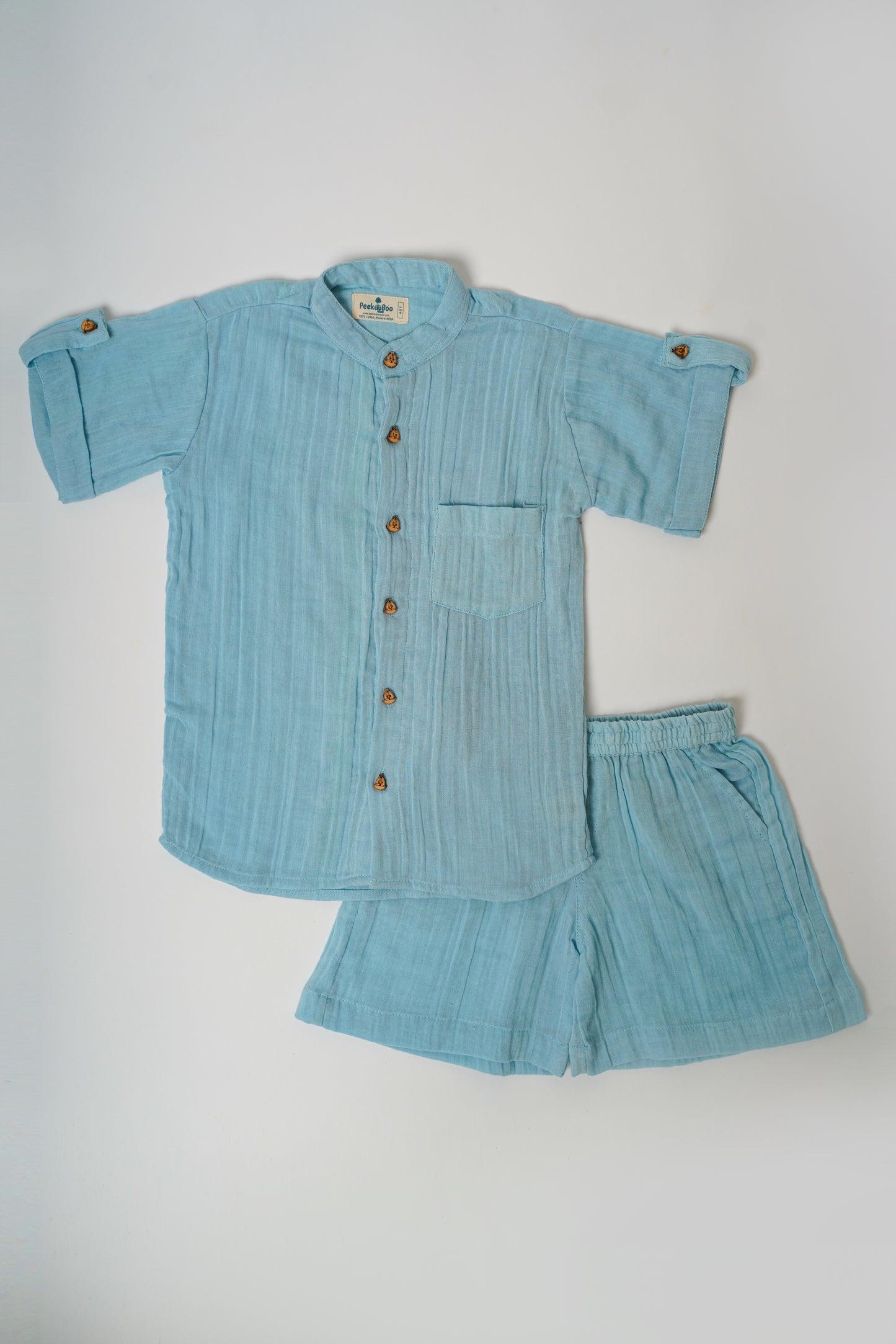 Boys 100% Muslin Solid Set with Asymmetrical Crinkles - Sky Blue