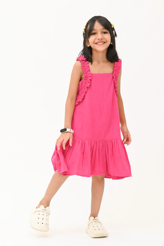 Girls Barbie Solid A-line gathered dress - Pink