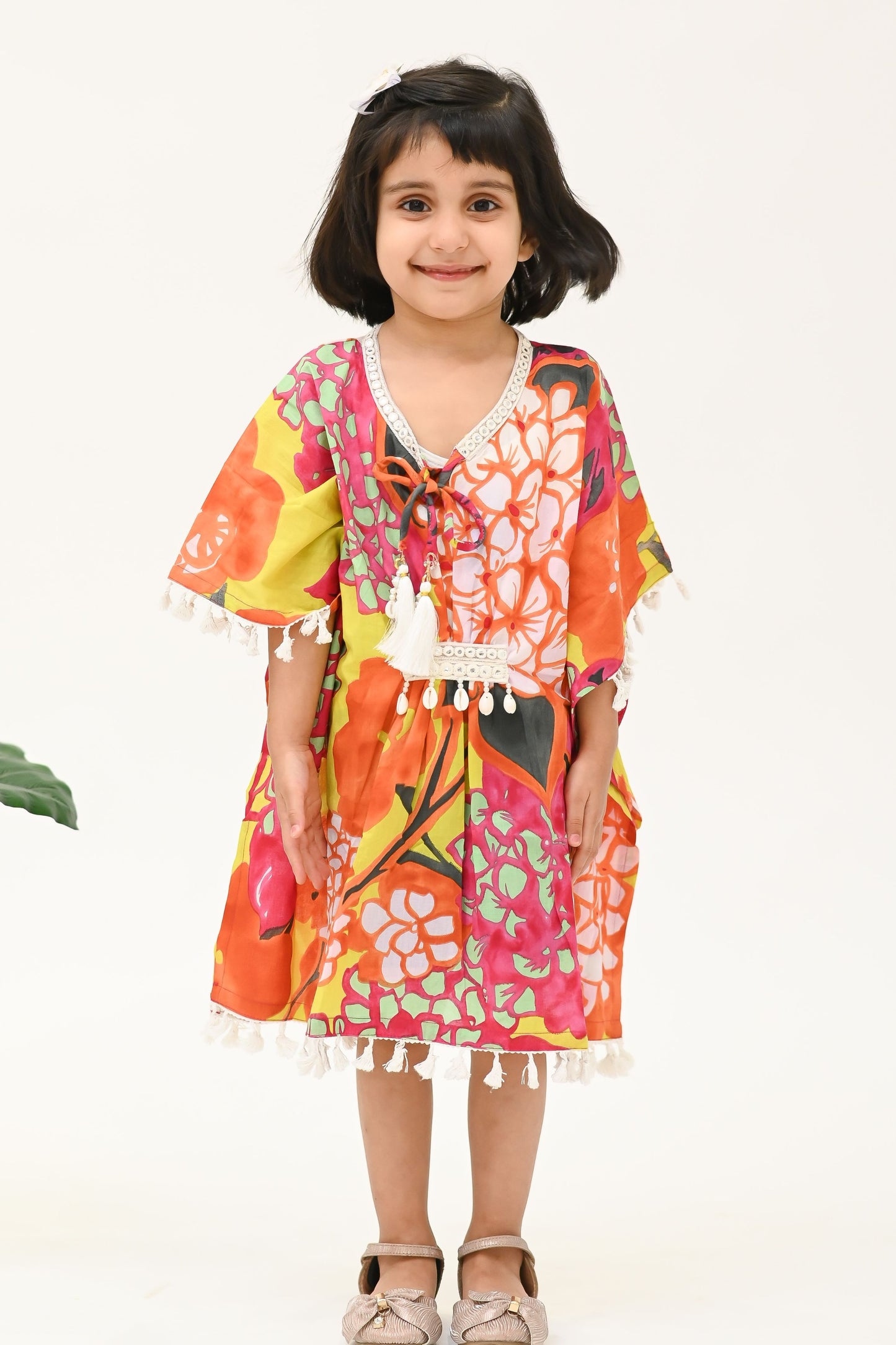 Girls Rangrez Pure Cotton Kaftaan - Yellow/Green