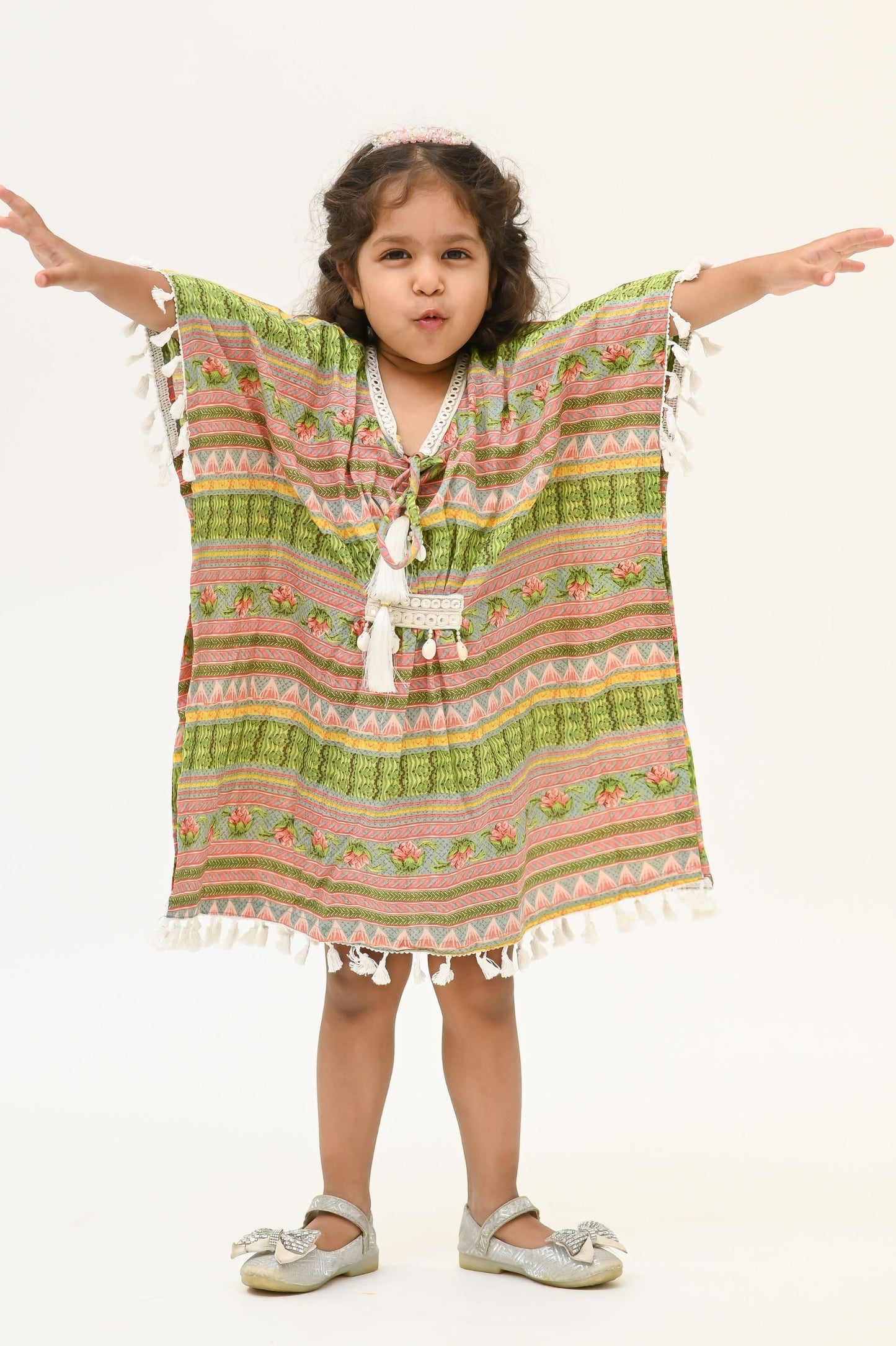 Girls Rangrez Pure Cotton Kaftaan - Green/Yellow