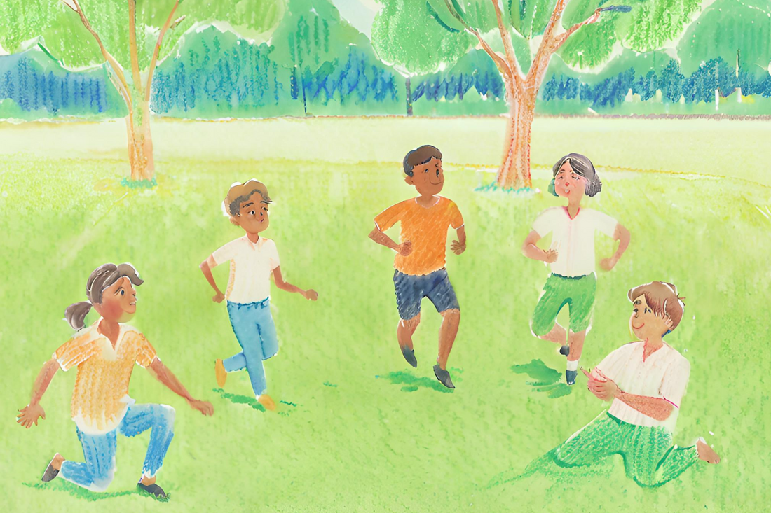 a watercolor painting of children playing in a park (summer scene)