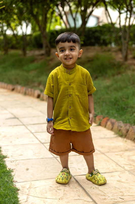 Boys Pure Cotton Clothing Set - Green Half Sleeve Shirt & Shorts