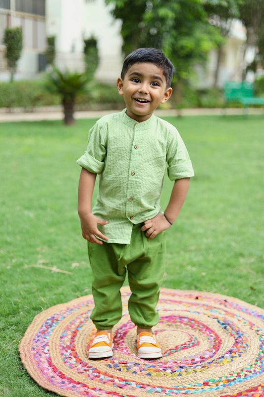 Boys Valley Pure Cotton Shirt With Miyani Pants Set - Green