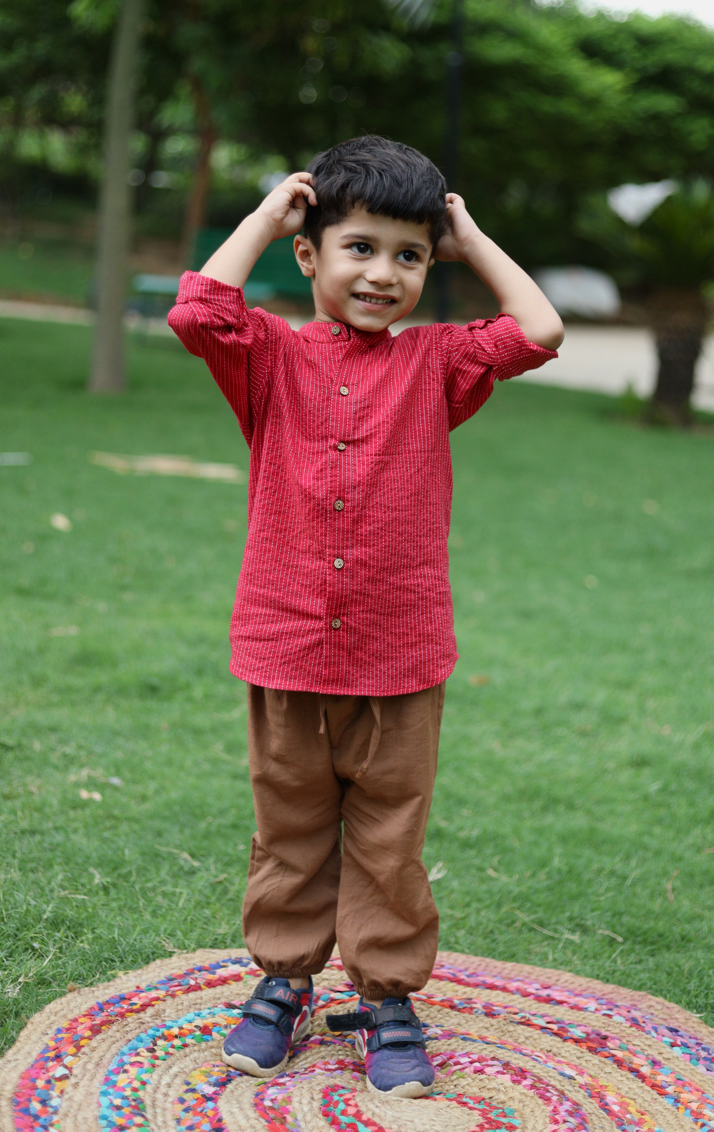 Boys Valley Pure Cotton Shirt With Miyani Pants Set - Red