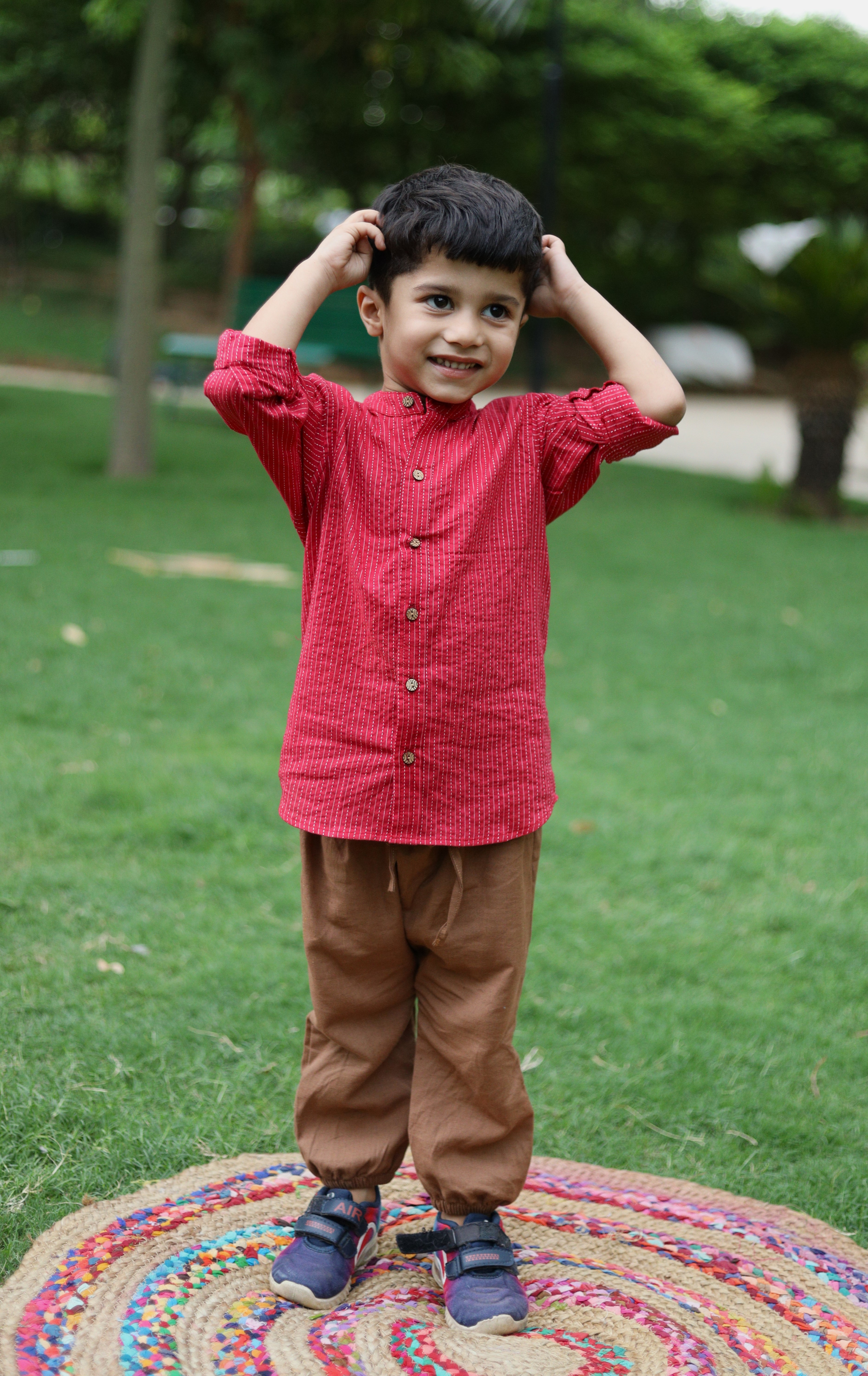 Boys Pure Cotton Shirt - Red Kantha