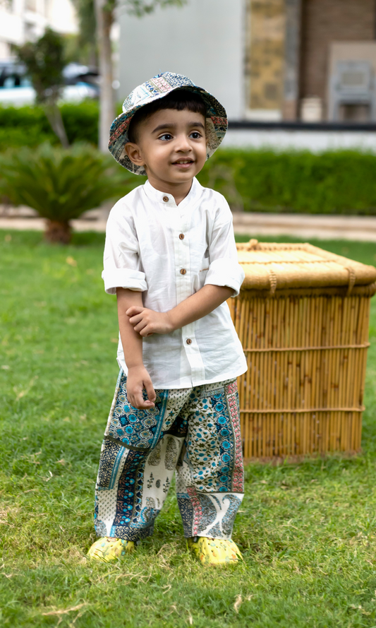 Boys Boho Resort Wear Set - White & Skyblue