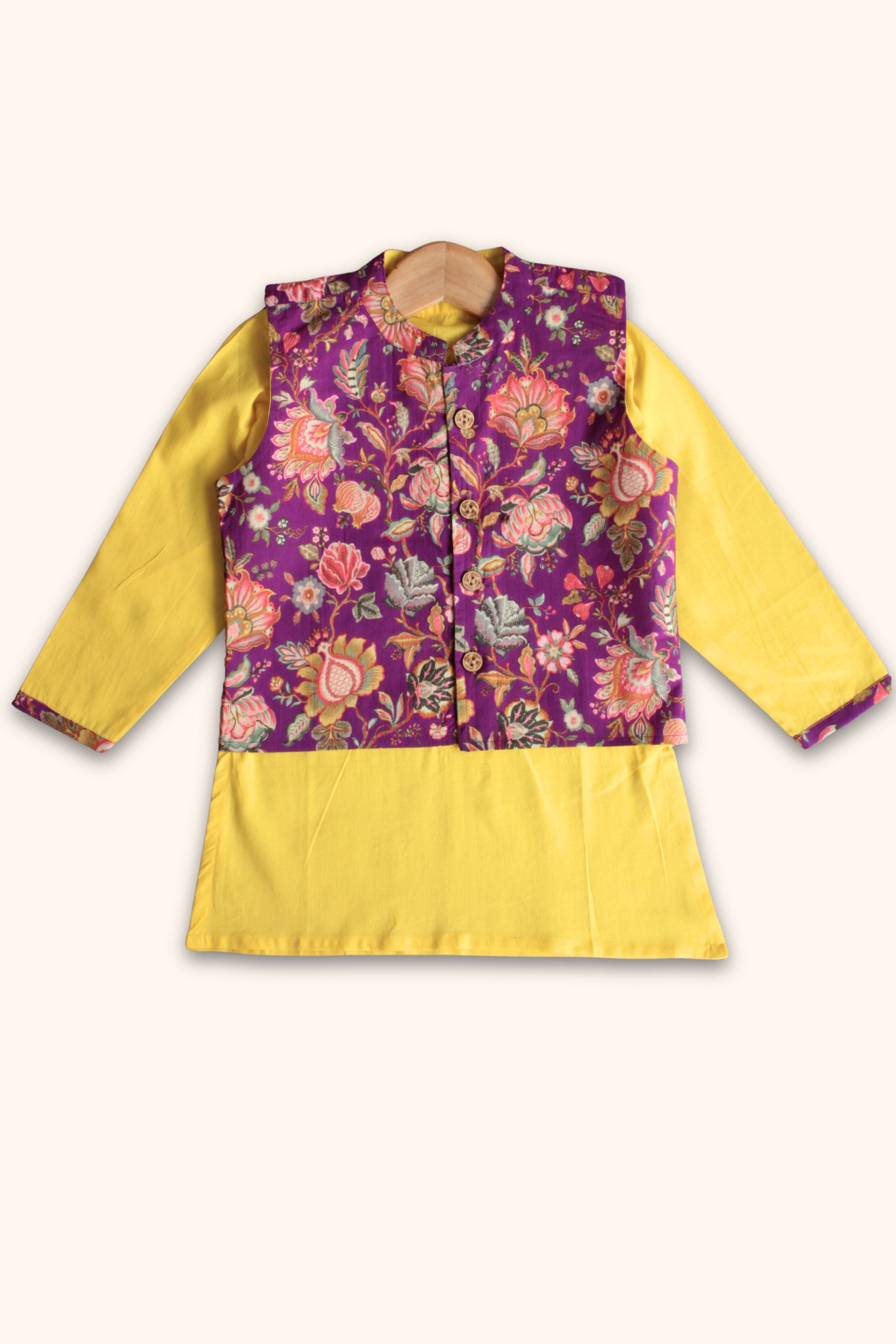 Boys Kesari Kurta Pant & Jacket 3 piece ethnic clothing set - Purple