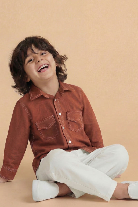 Boys Rebel Pure Cotton Shirt in denim style - Rust
