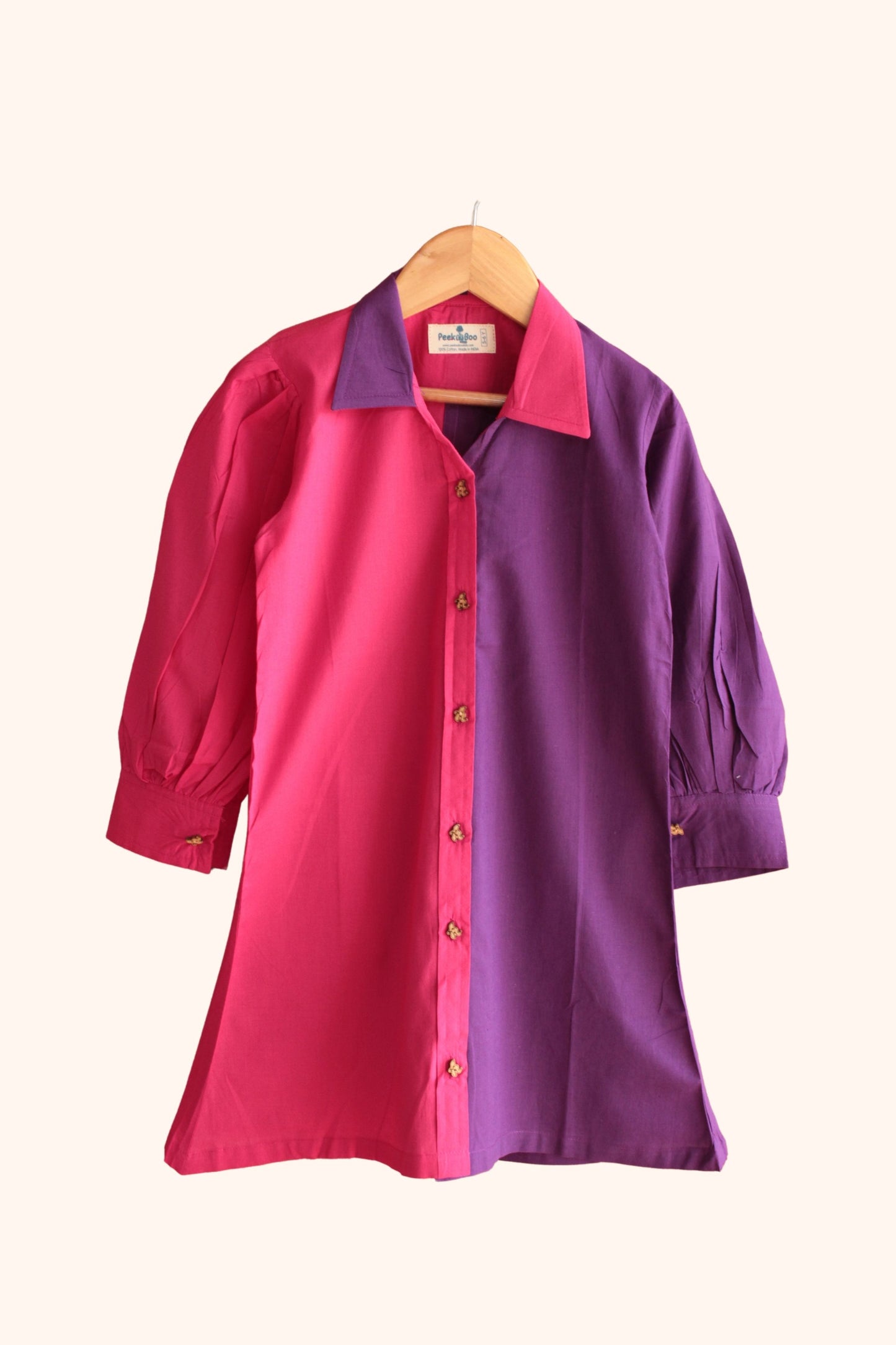 Girls Pure Cotton Color Block Dress with Collar - Pink & Purple