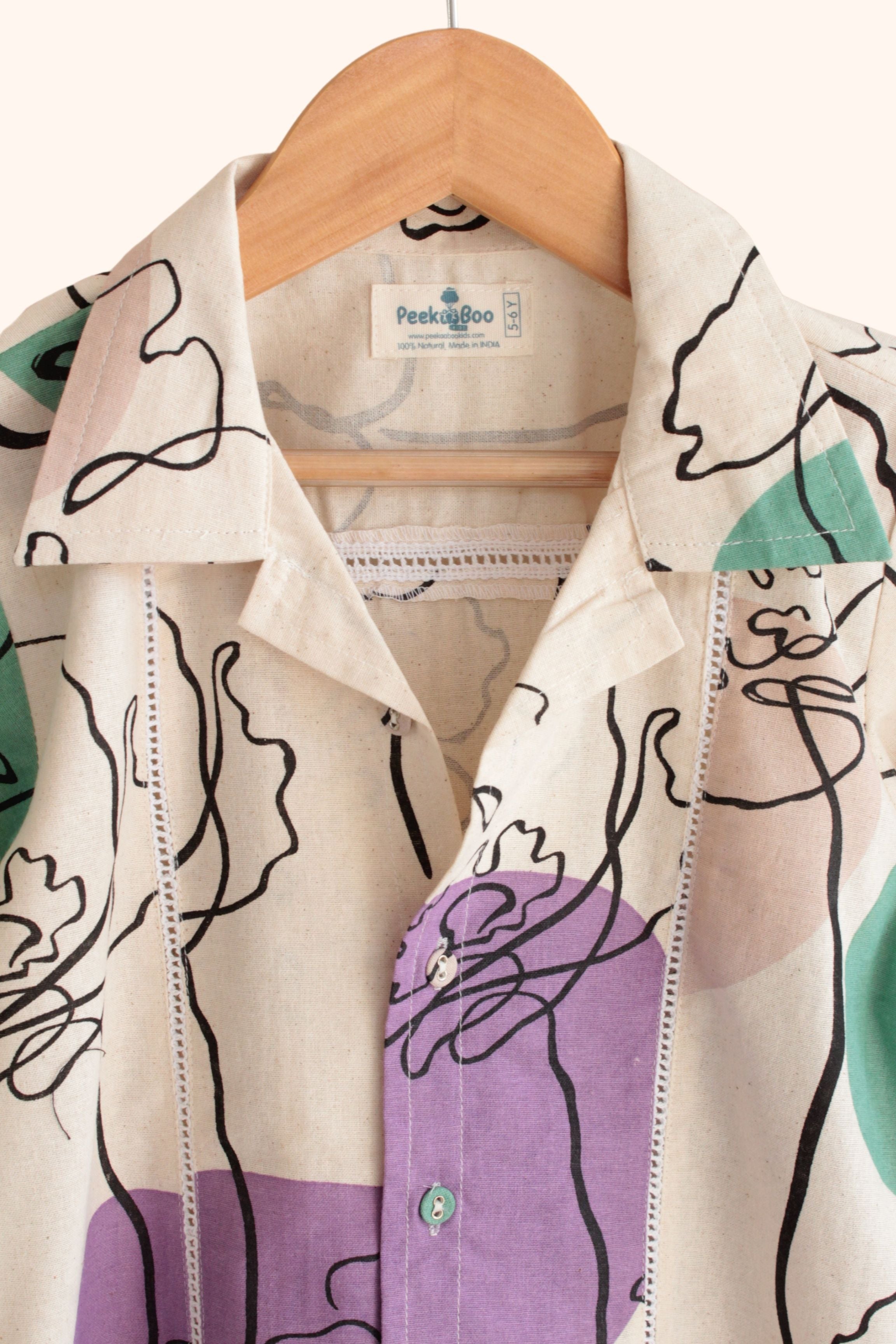 Boys Island Printed Shirt with loose fit pants - Lavendar Beige