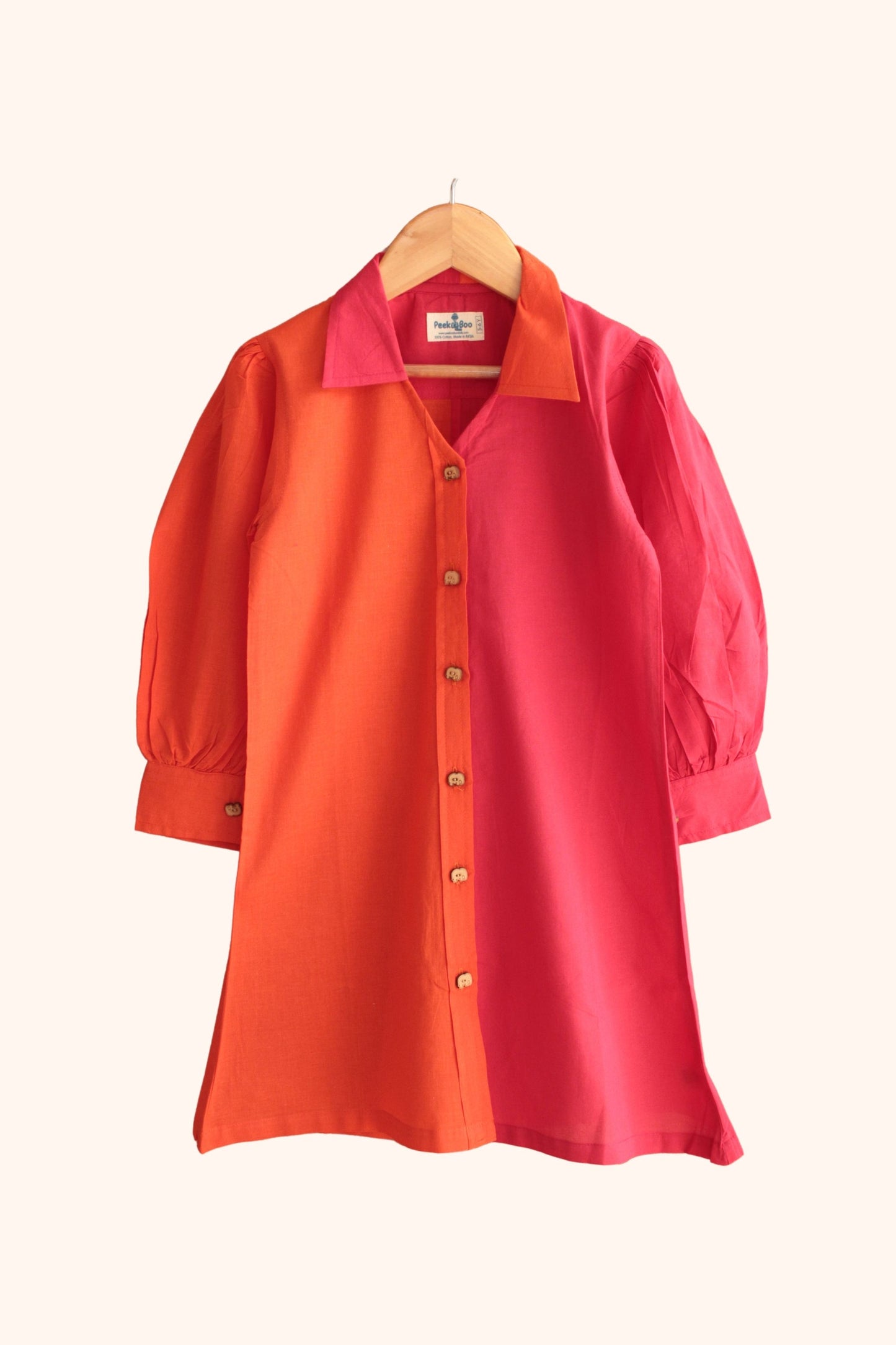 Girls Pure Cotton Color Block Dress with Collar - Red Orange