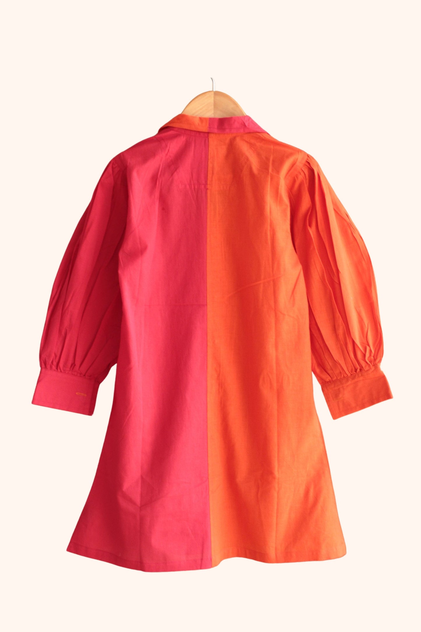 Girls Pure Cotton Color Block Dress with Collar - Red Orange