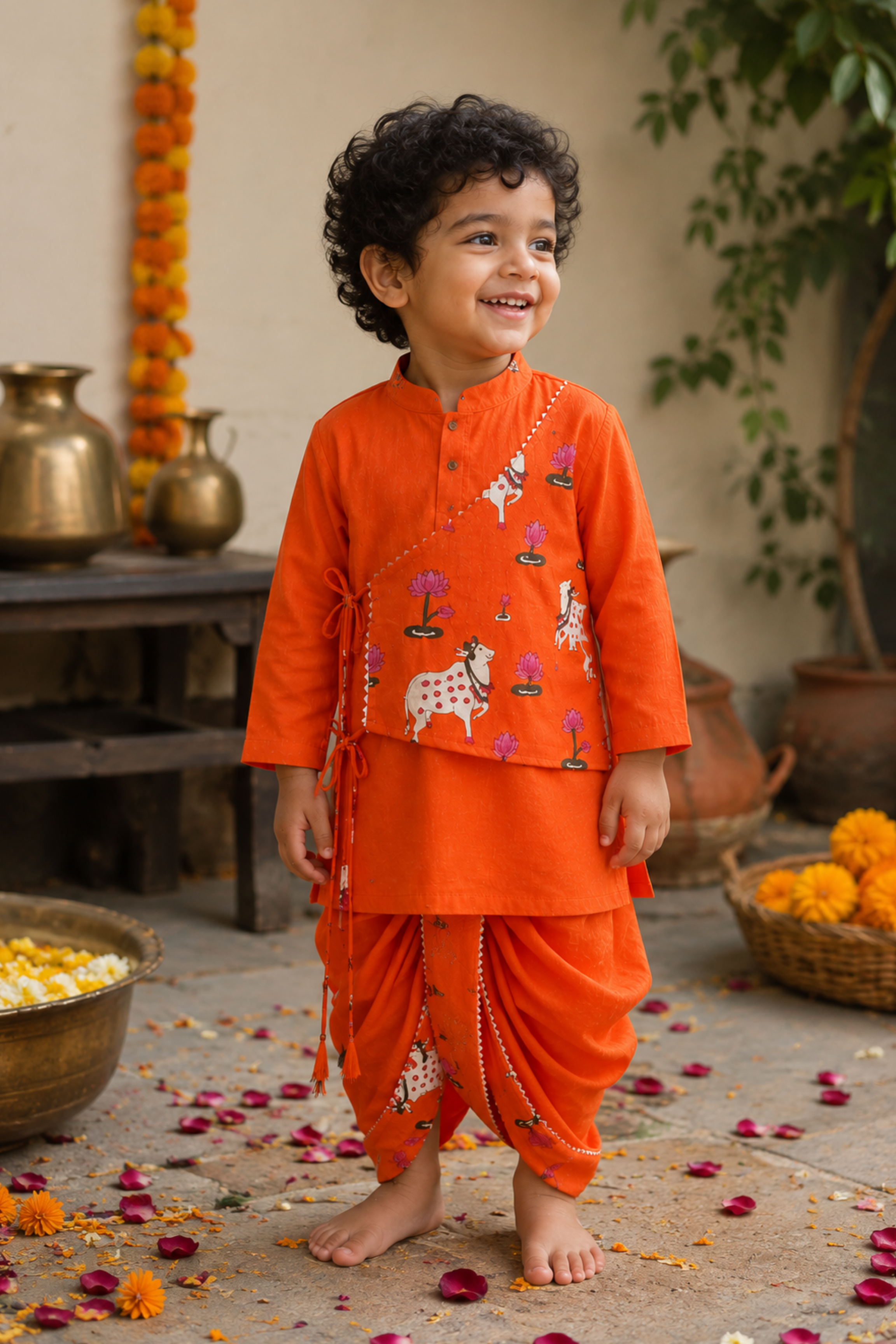 Boys Radhe Kurta and Dhoti Pants Ethnic Clothing Set - Orange