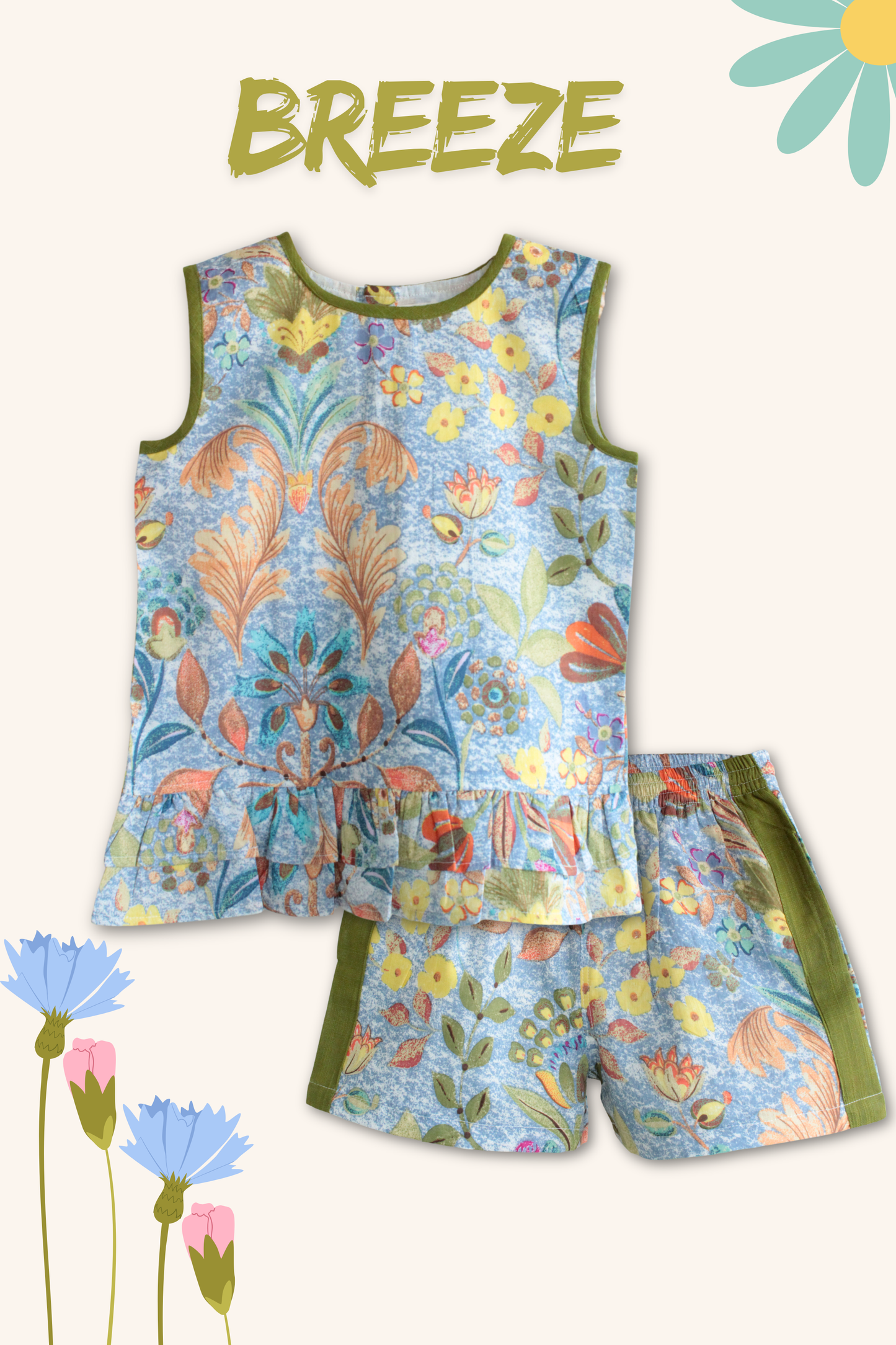 Girls Breeze Pure Cotton Printed Coord set - Green