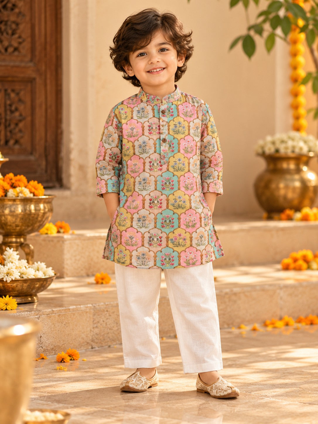 Boys Saavan Pure Cotton Ethnic Clothing set - Mustard green