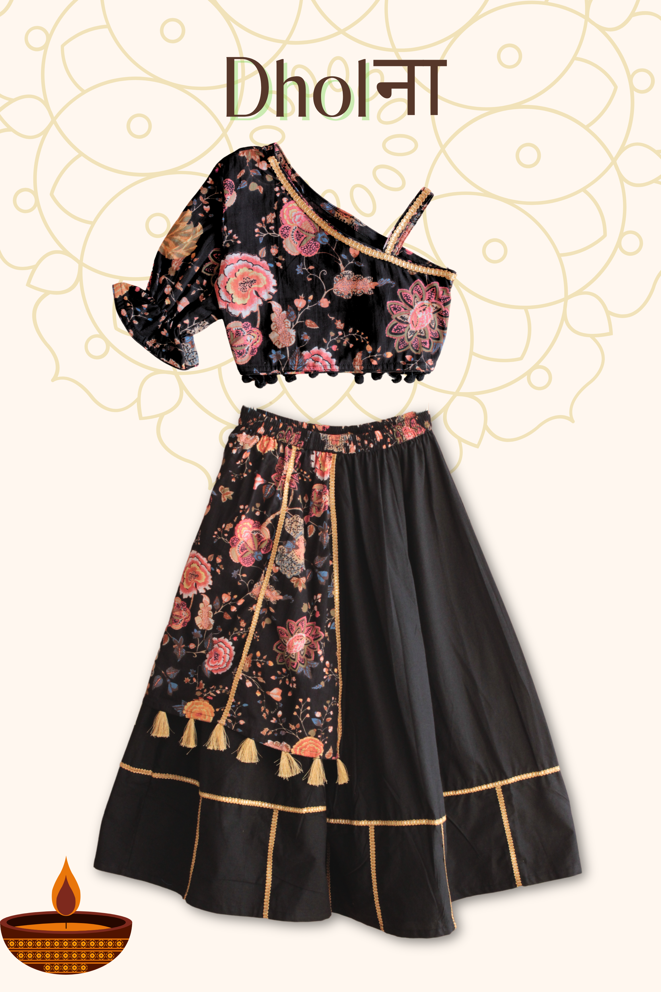 Girls Dholna Pure Cotton Chaniya Choli Ethnic Clothing set - Black
