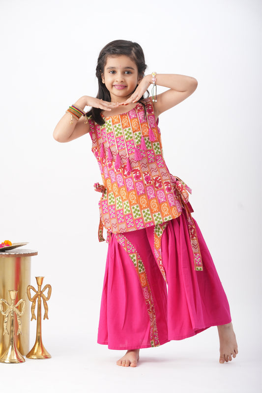 Girls Banjara Color Block Top with wide flare Drape Pants - Pink