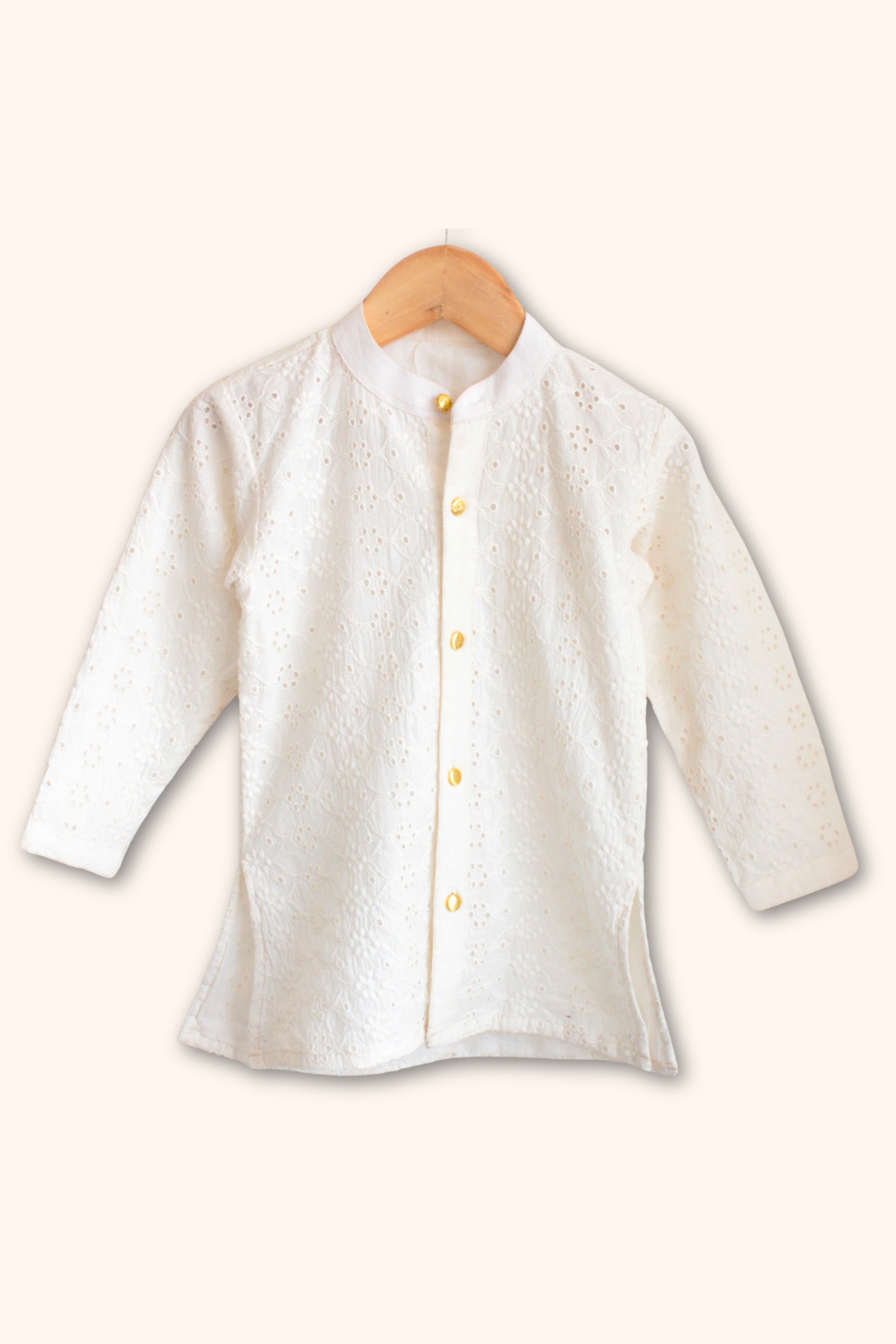 Boys Mubarak Schiffli embroidered Kurta with Salwaar set - Ivory White