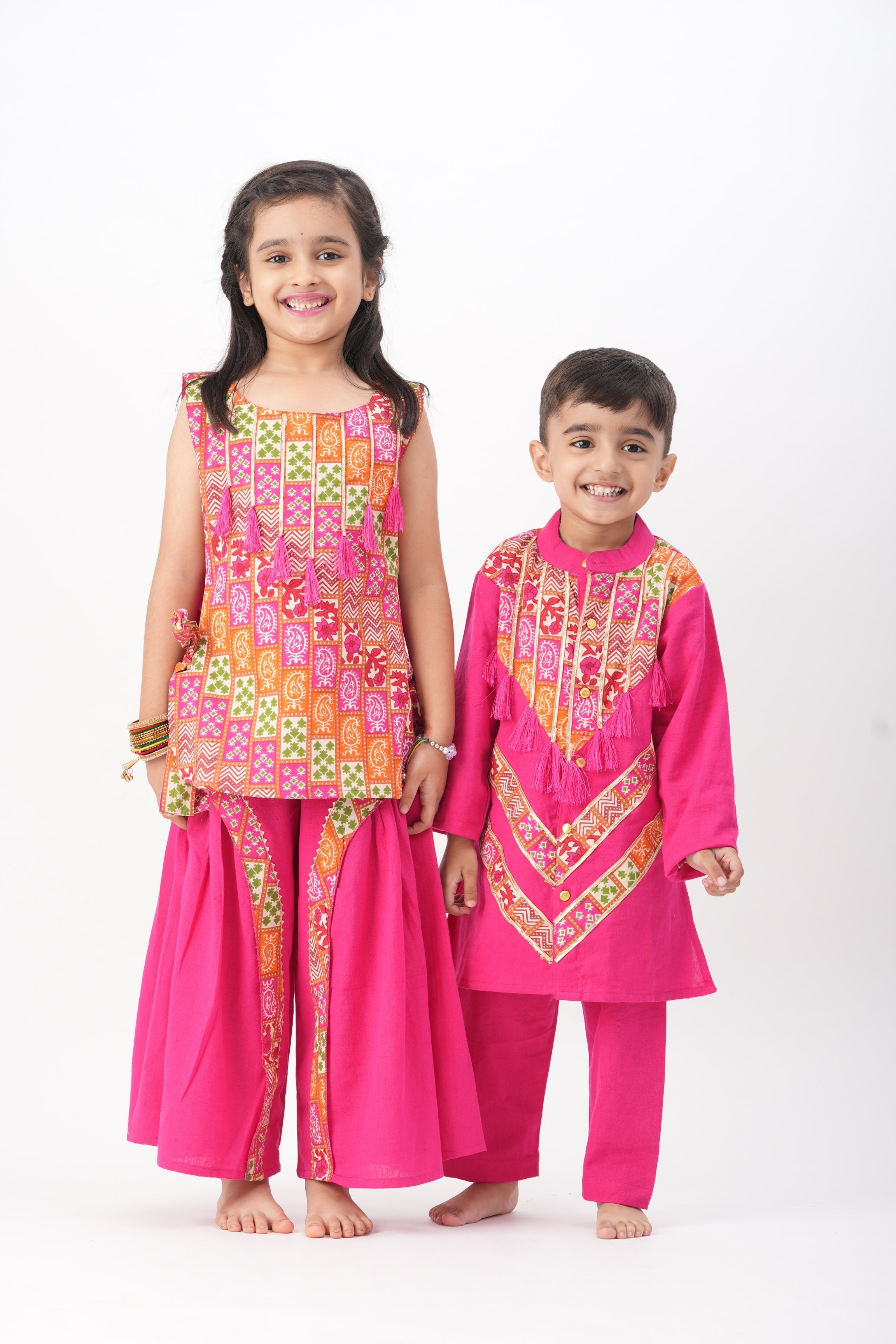 Girls Banjara Color Block Top with wide flare Drape Pants - Pink