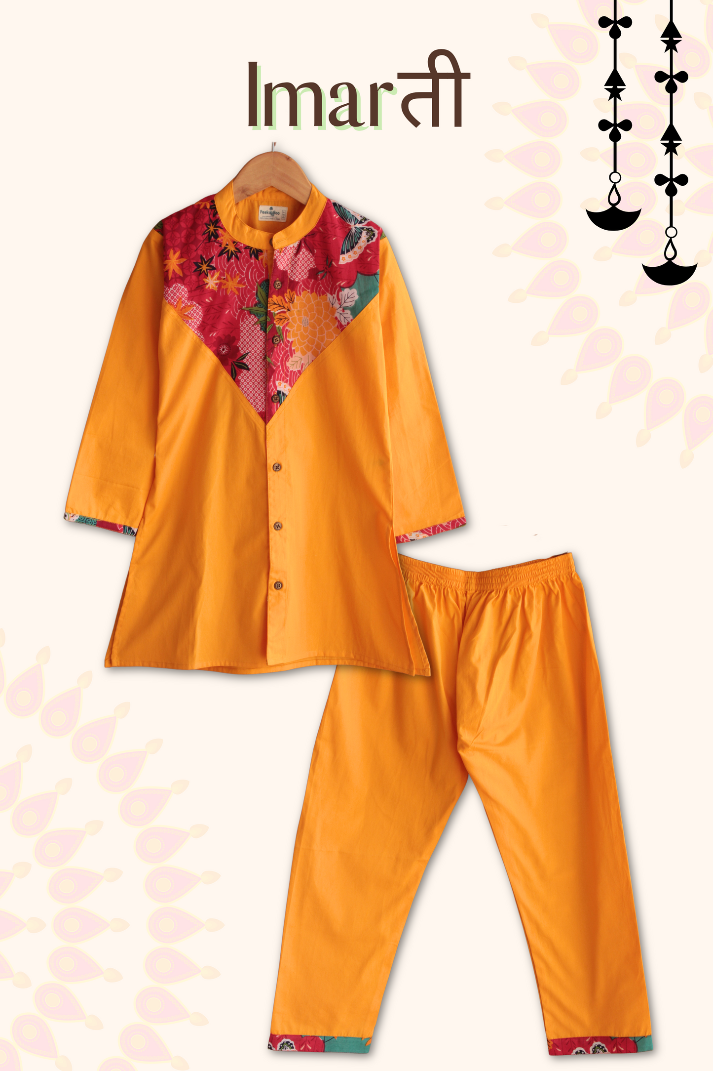 Boys Imarti Color block Kurta and pants set - Orange