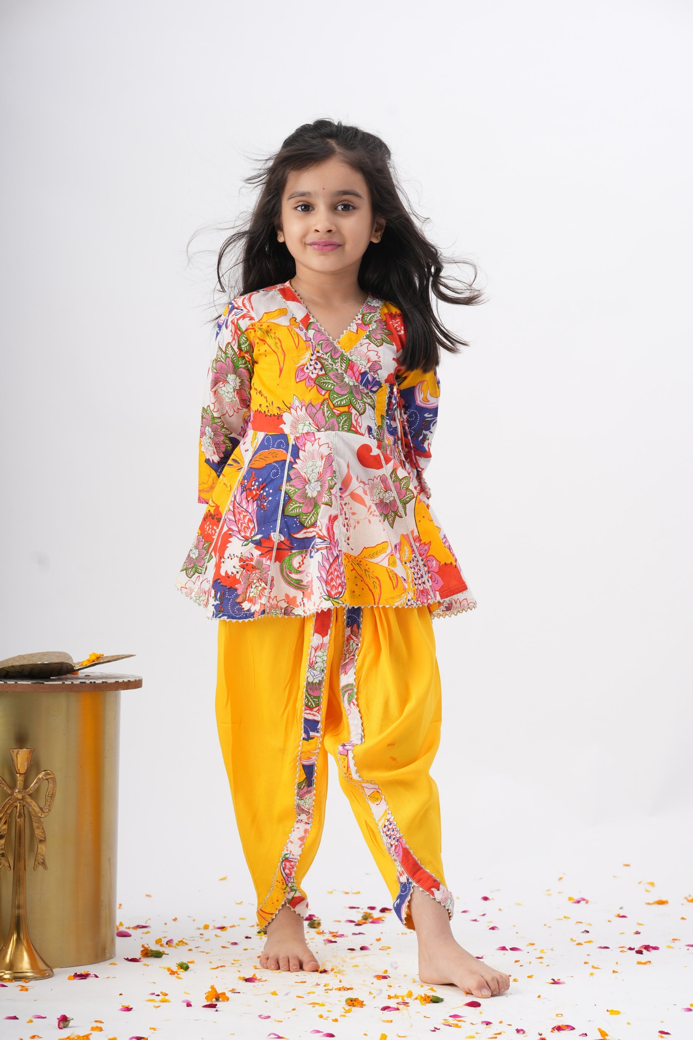 Girls Radhe Top and Dhoti Pants Ethnic Clothing Set - Yellow