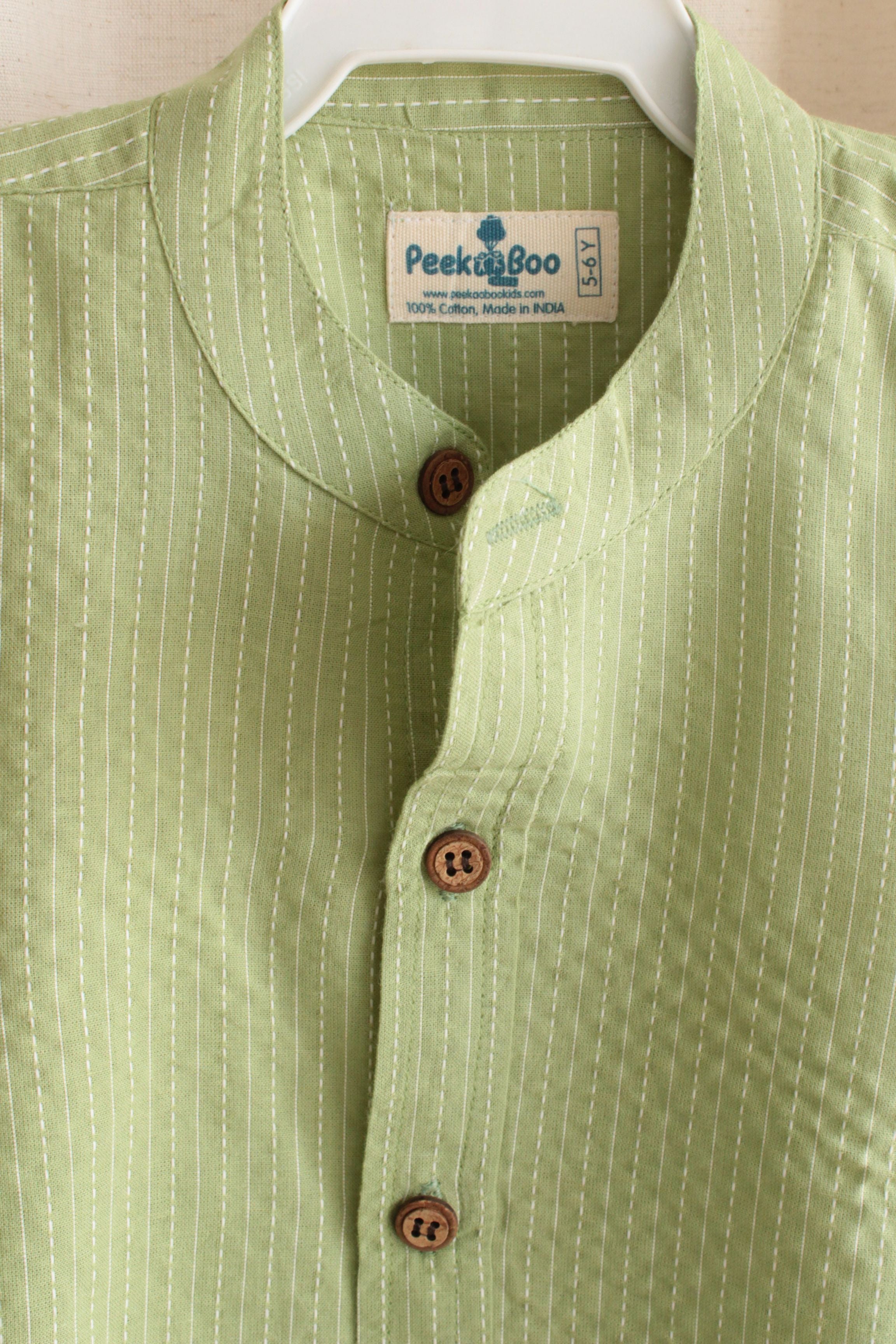 Boys Pure Cotton Shirt - Green Kantha