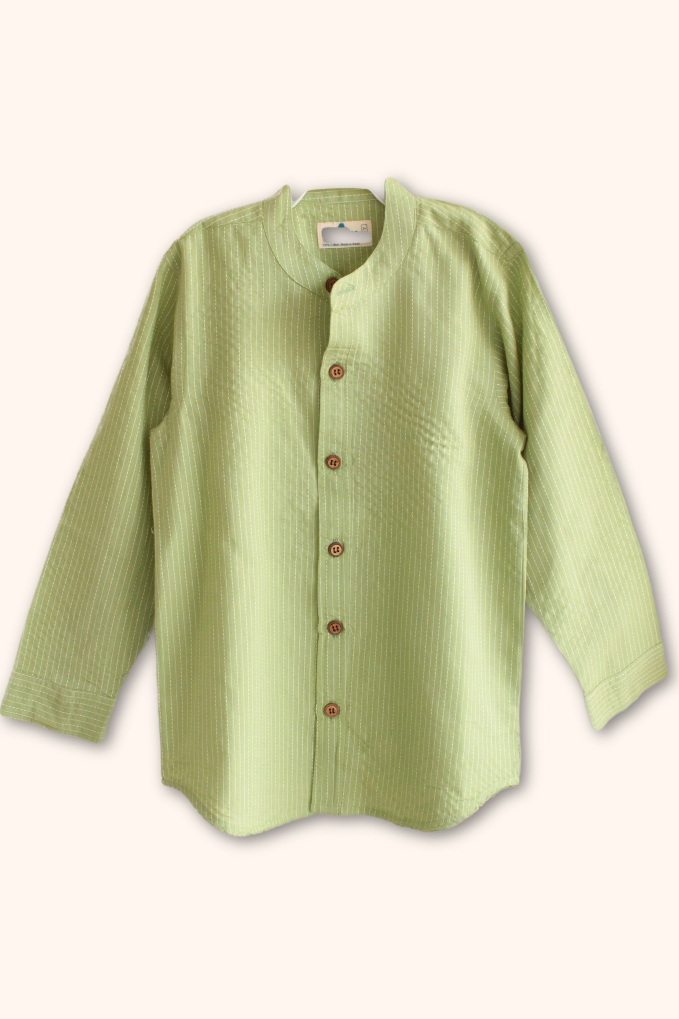 Boys Pure Cotton Shirt - Green Kantha