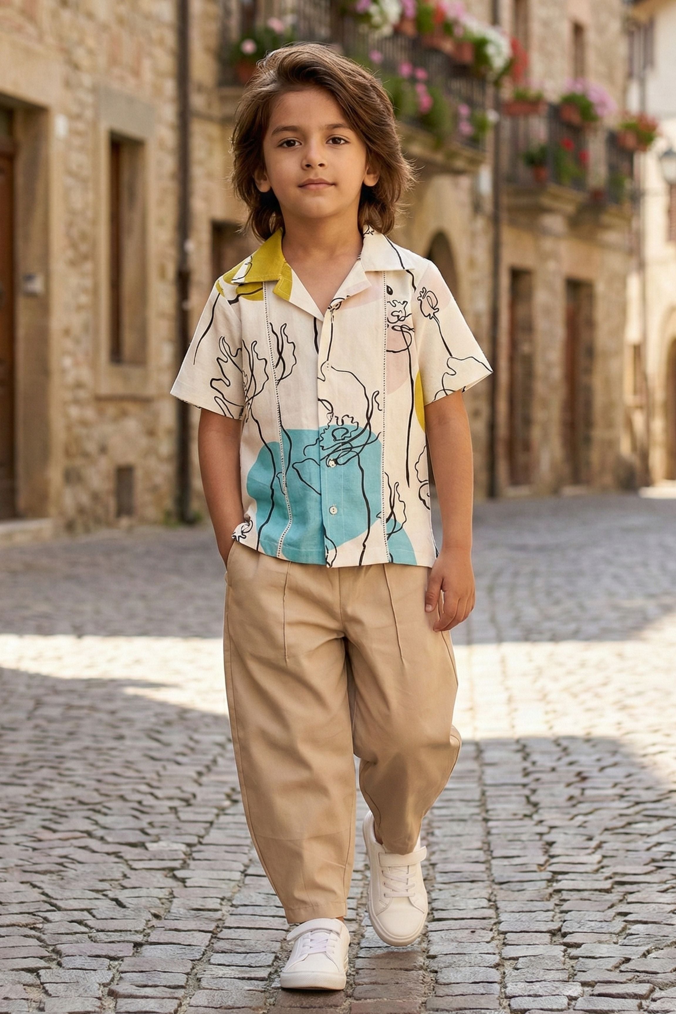 Boys Island Printed Shirt with loose fit pants - Neon Beige