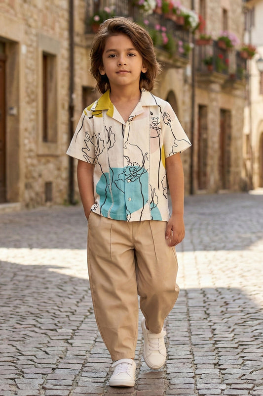 Boys Island Printed Shirt with loose fit pants - Neon Beige
